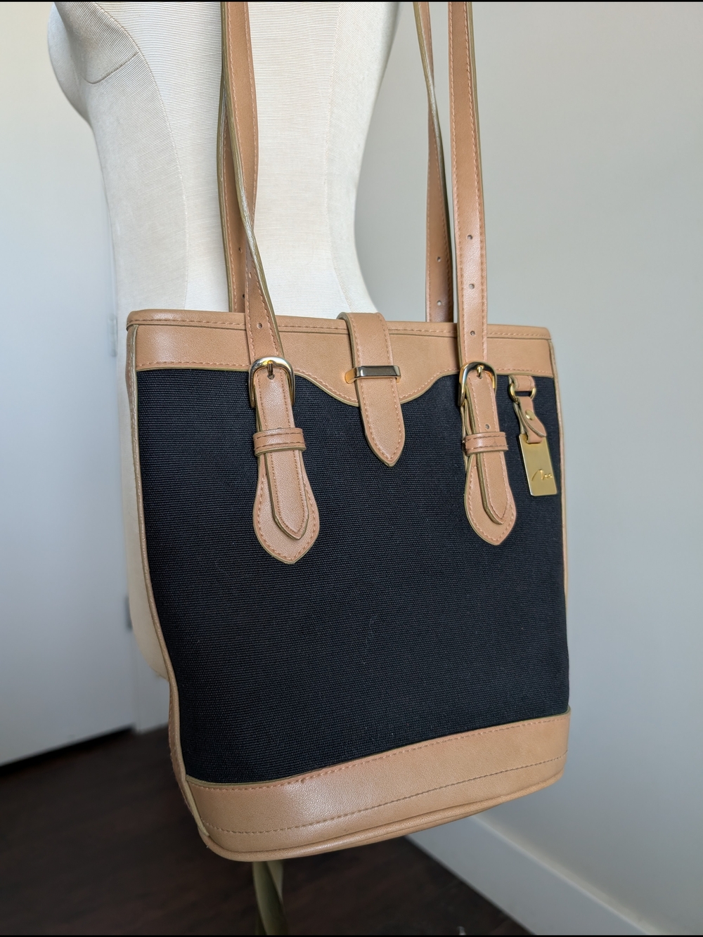 Rare Vintage Marlo Black Canvas and Tan Vegan Leather Trim Shoulder Bucket Bag